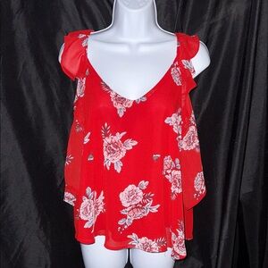 Haute Monde Red Floral Ruffle Sleeve/ Cold Shoulder Blouse size M